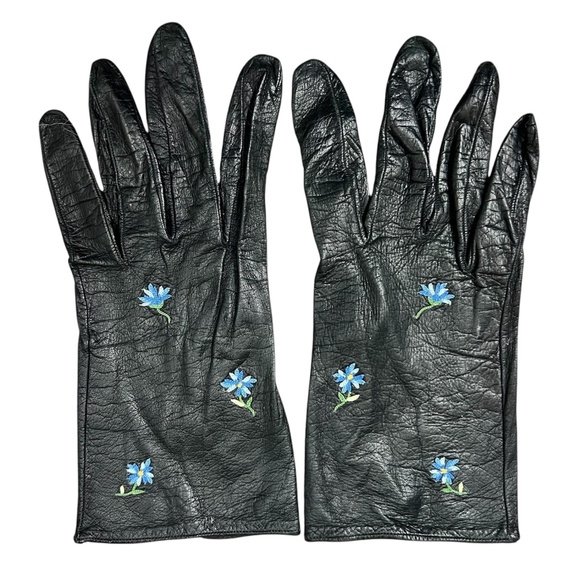Vtg 50s Denise Francelle Paris handmade black leather embroidered short gloves 7 - Picture 2 of 15